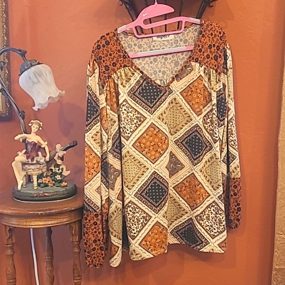 Brown Boho Quilt Pattern Blouse Haptics Oversized Small